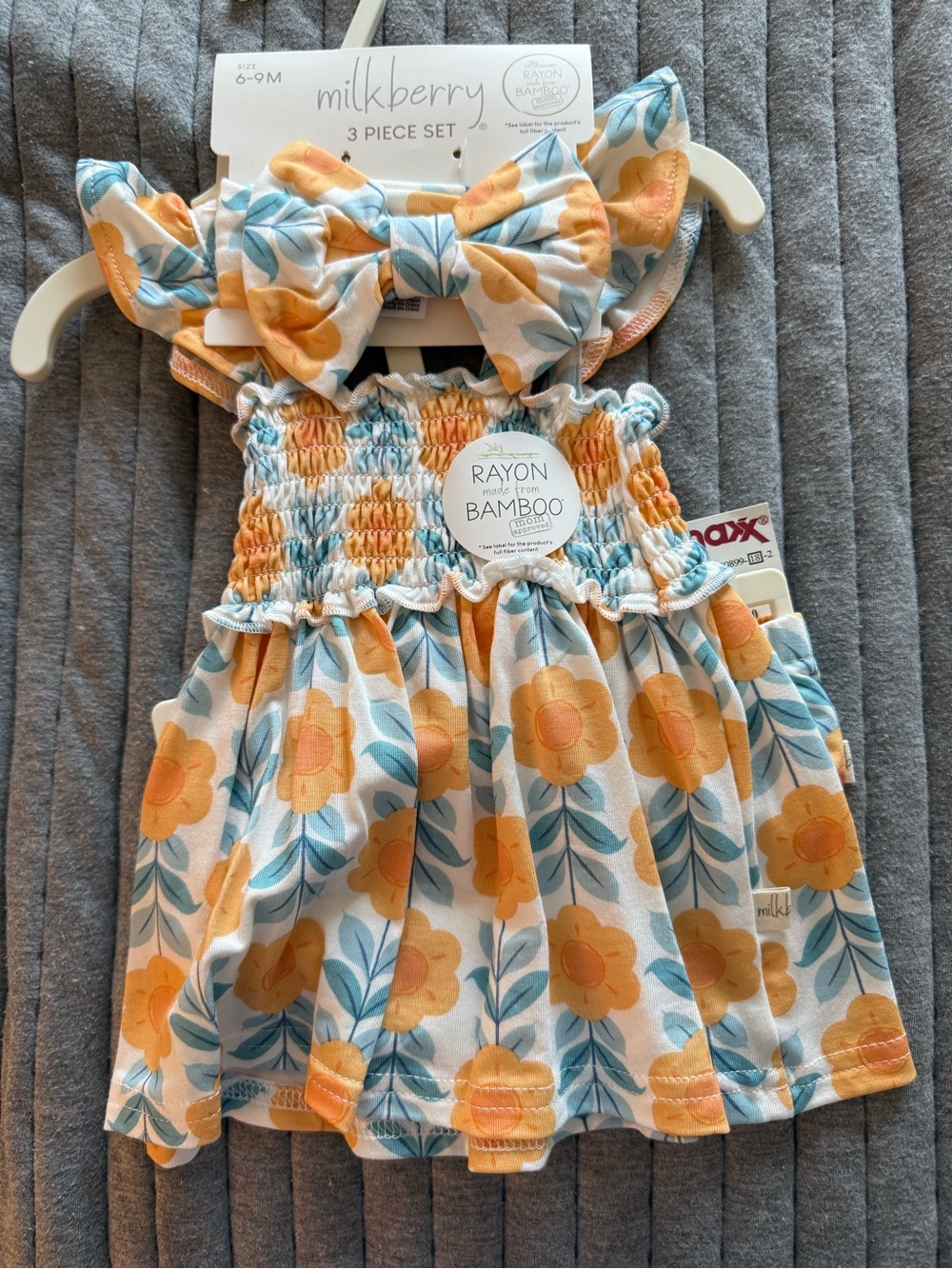 Milkberry Orange Floral Smocked Dress with Matching Headband